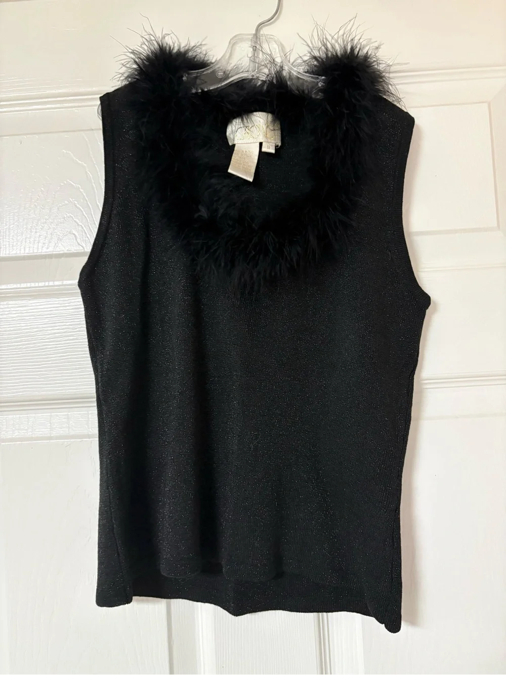Black Sleeveless Feather-Trim Sparkle Vintage Top Small